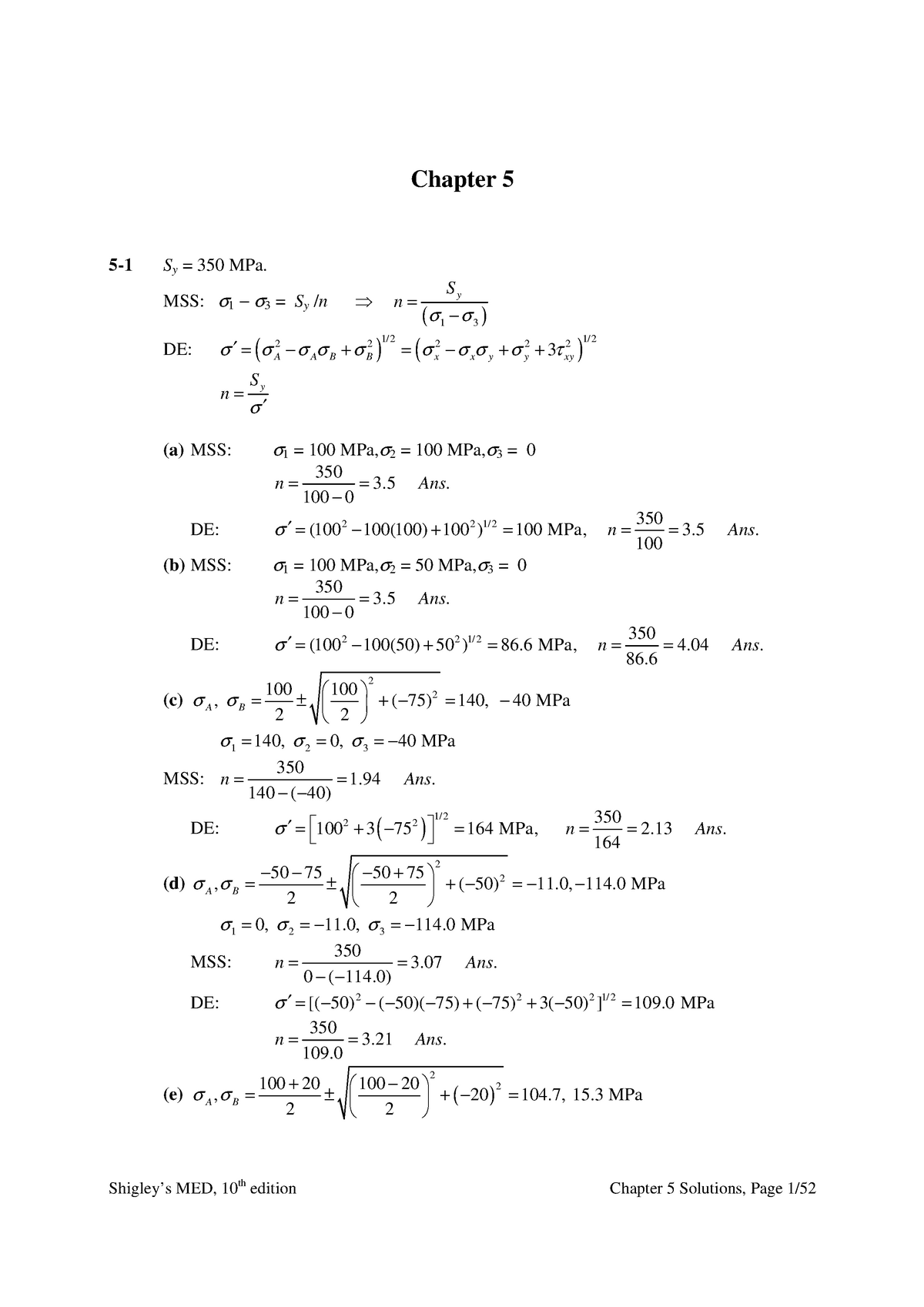 Shigleys 9nth Edition Correction Chap 5 Th Chapter Sy 350 Mpa Mss Sy Sy De Xy Sy Studocu