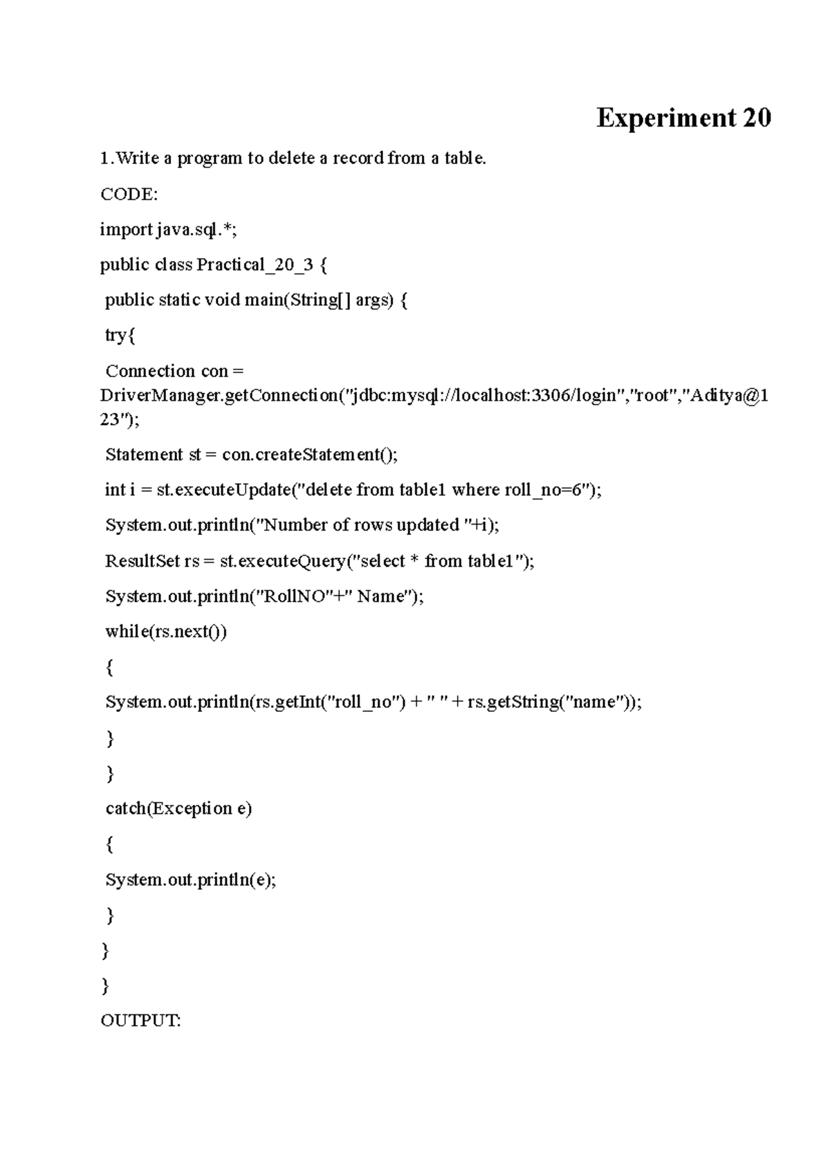 Exp20 - Advance java - Experiment 20 1 a program to delete a record ...