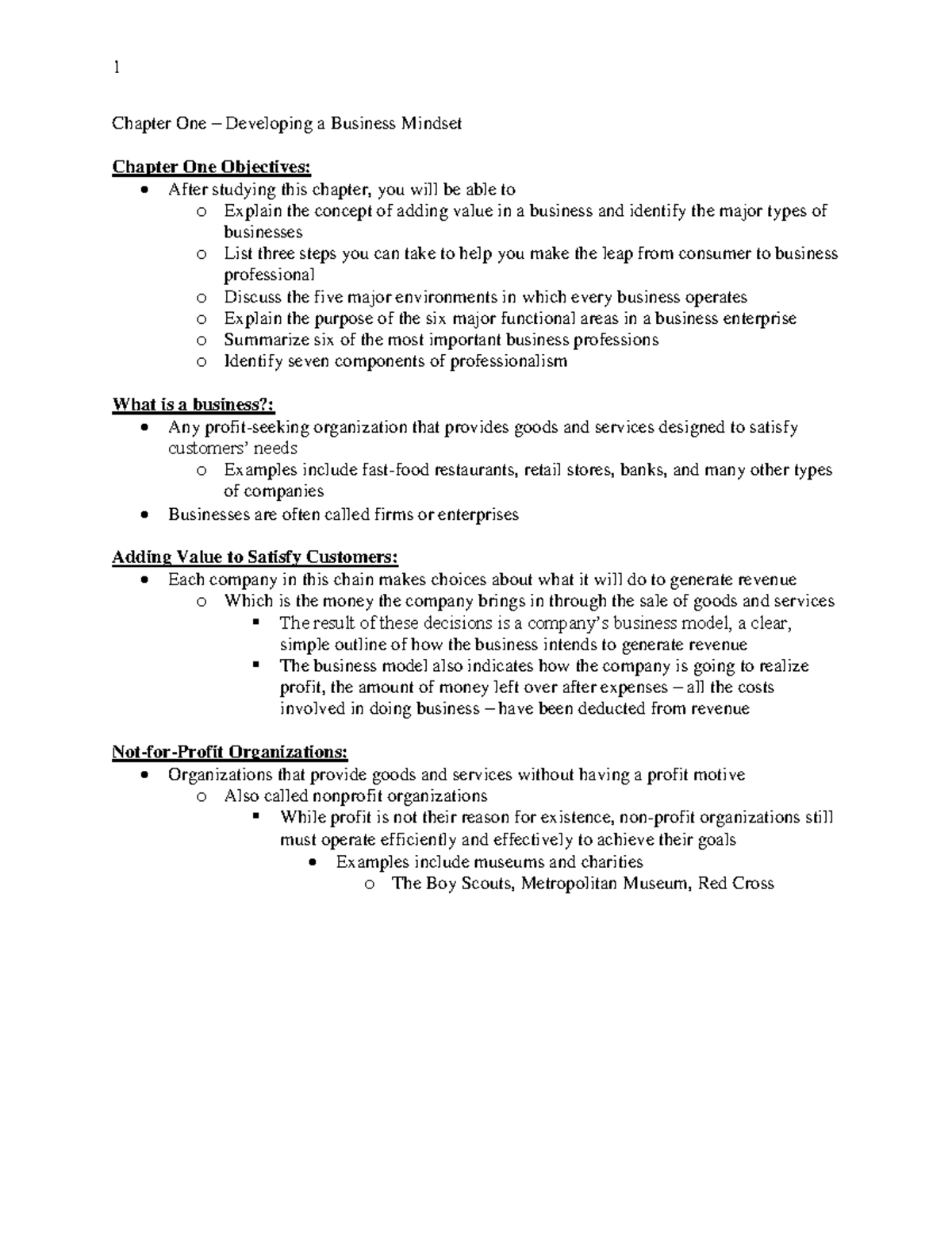 Chapter One Notes - Davis - 1 Chapter One Developing a Business Mindset ...