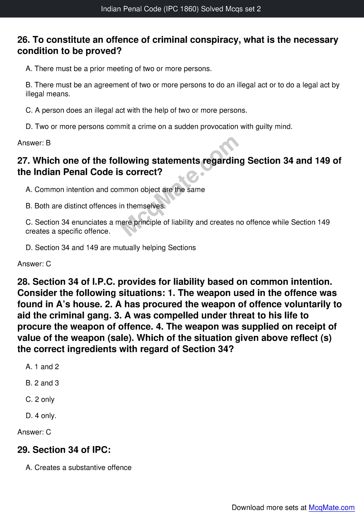 Indian Penal Code (IPC 1860) Solved Mcqs Set 2 Mcq Mate - 26. To ...