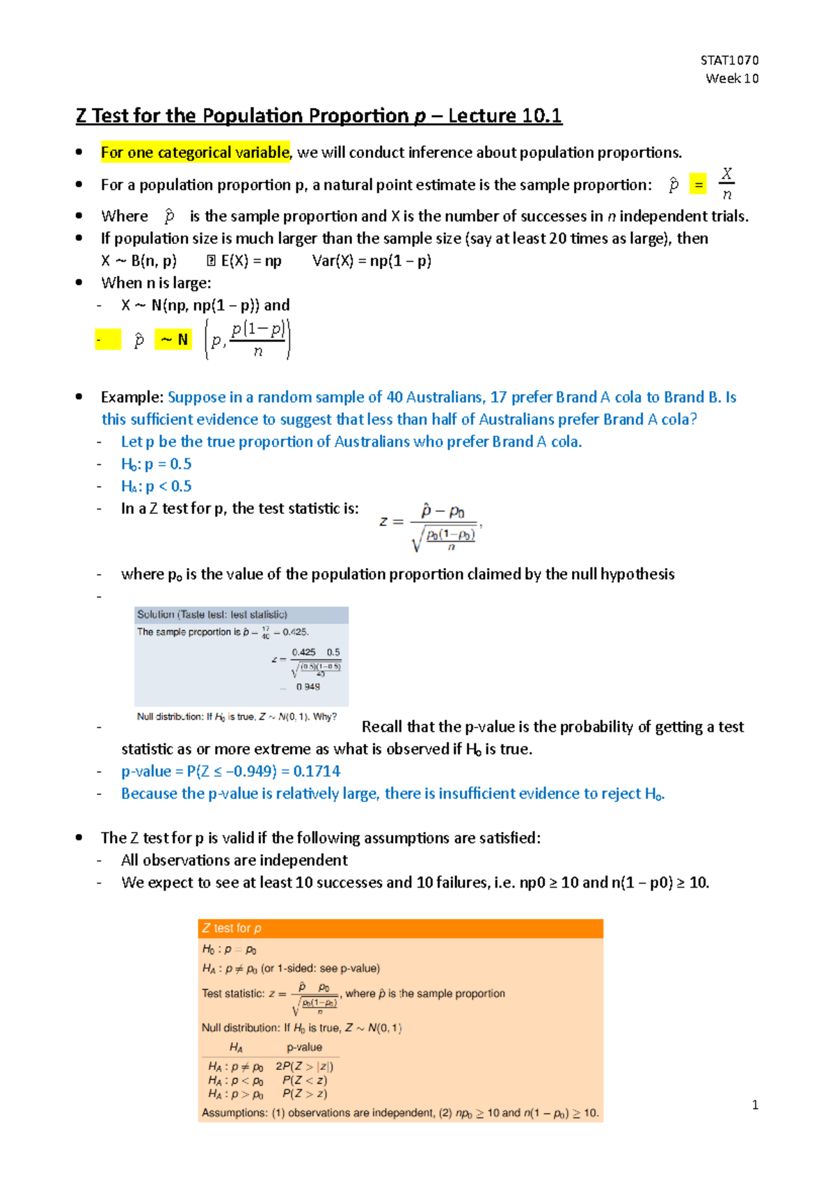 Week 10 Lecture Notes - Proportions - Week 10 Z Test for the Population ...