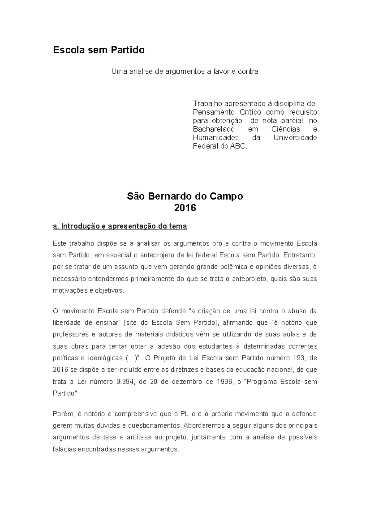 Escola sem partido - análise argumentativa - Escola sem Partido Uma ...