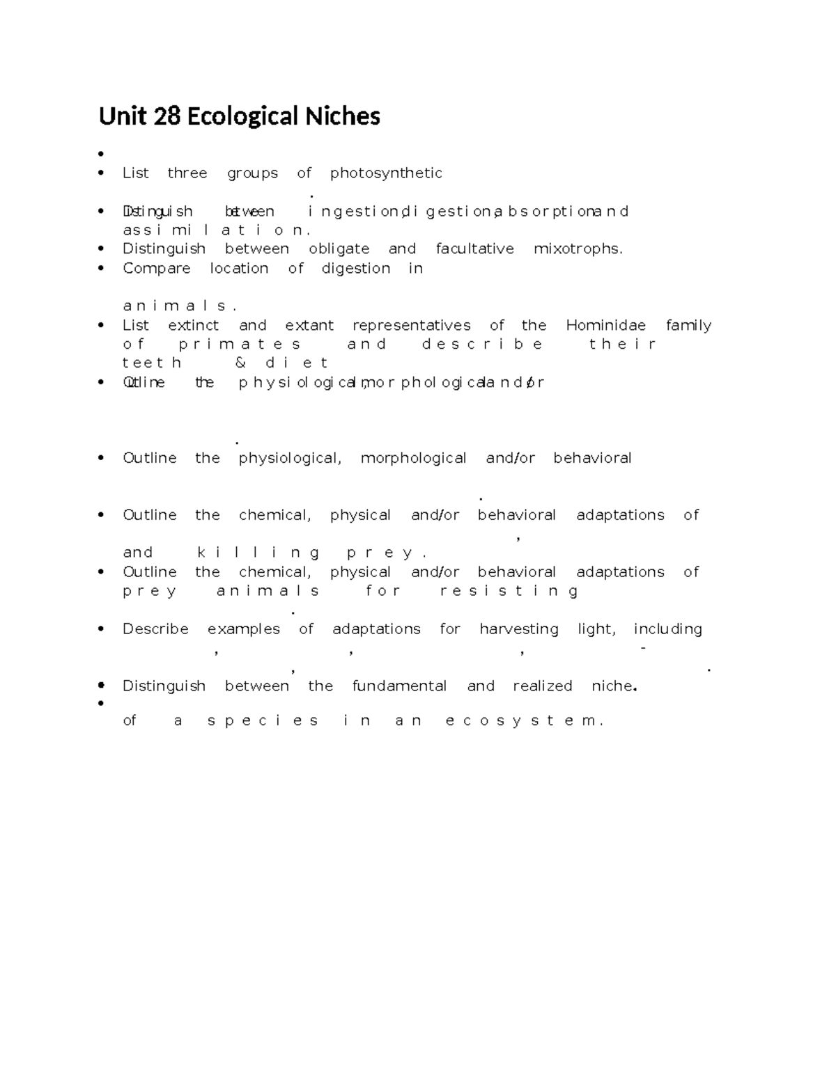 Unit+28+Niches+One-Page+Summary - Unit 28 Ecological Niches SSSSS SSS ...