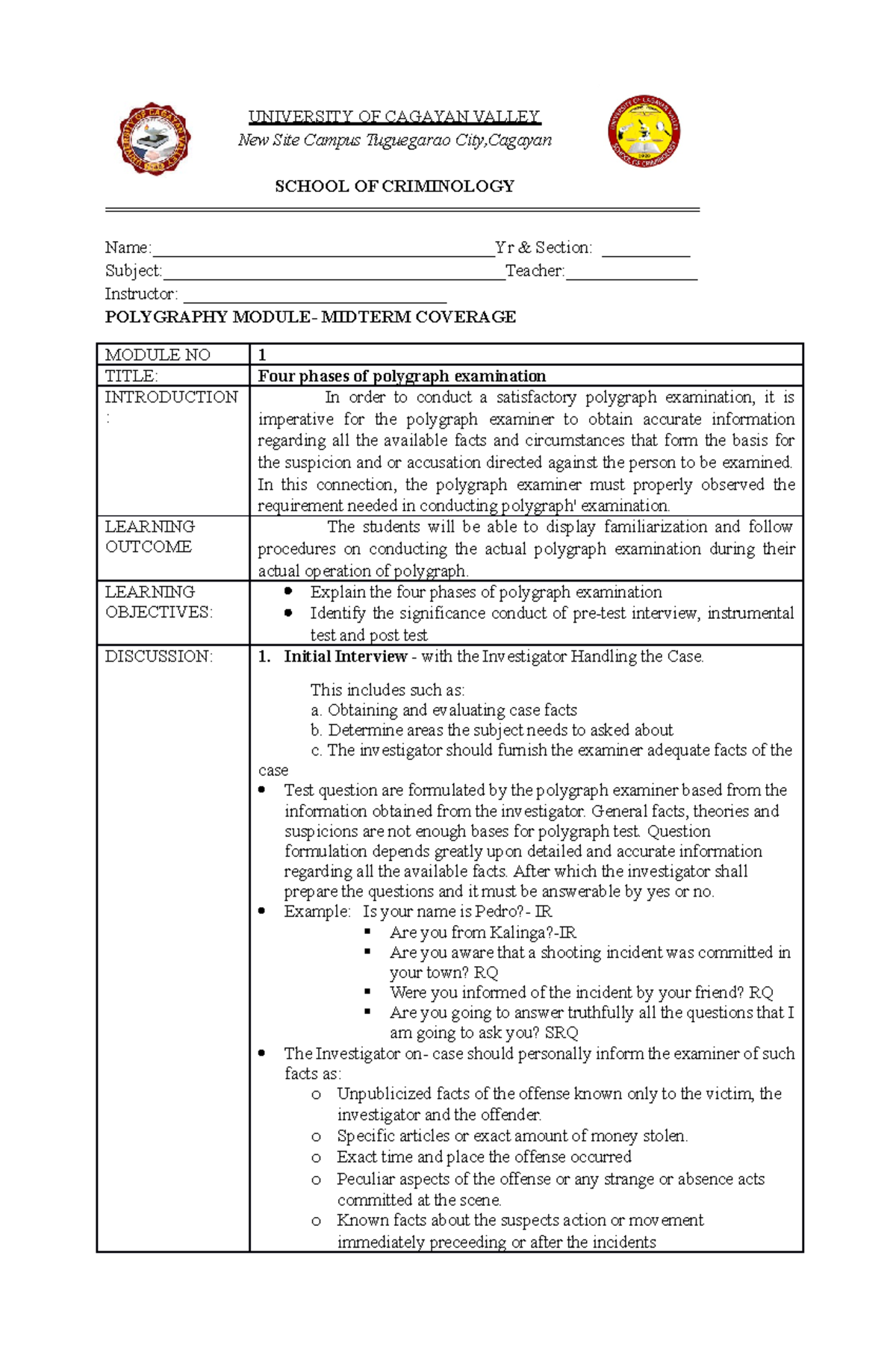 Forensic 5 Polygraphy Midterm Module University Of Cagayan Valley New