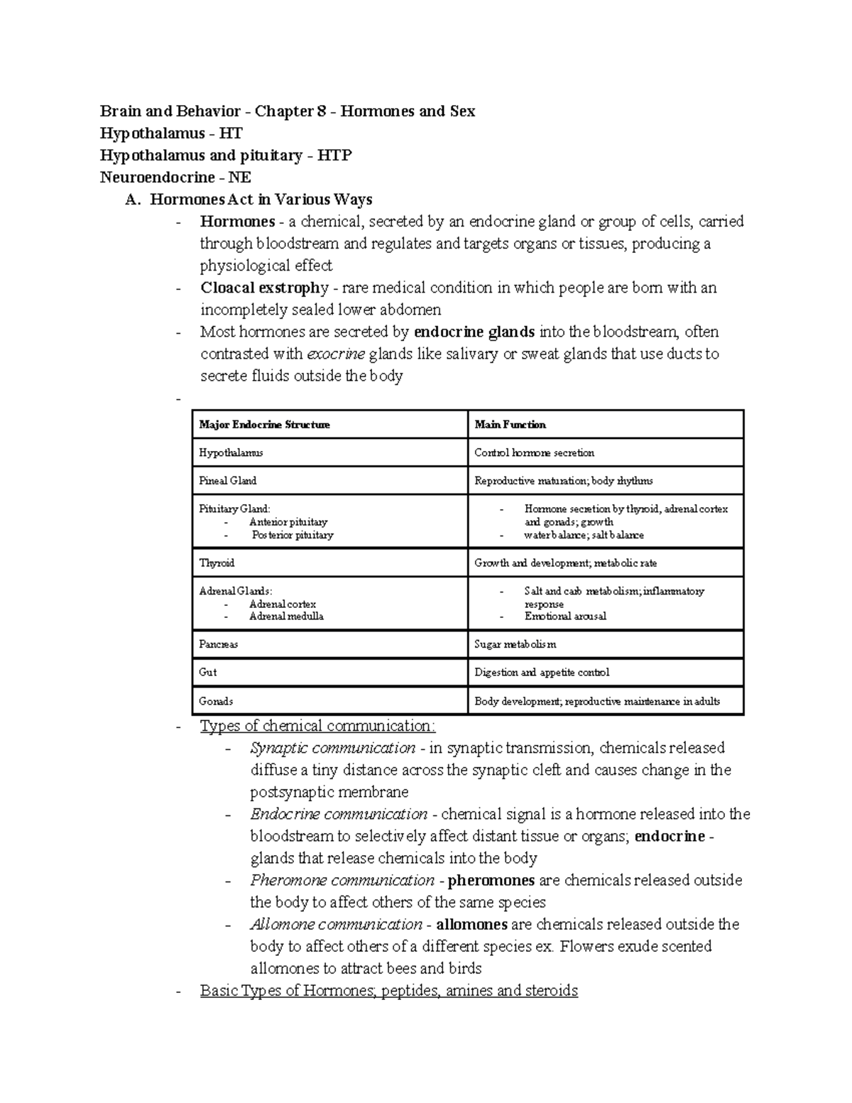 Brain And Behavior Chapter 8 Hormones And Sex Hormones Act In Various Ways Hormones A