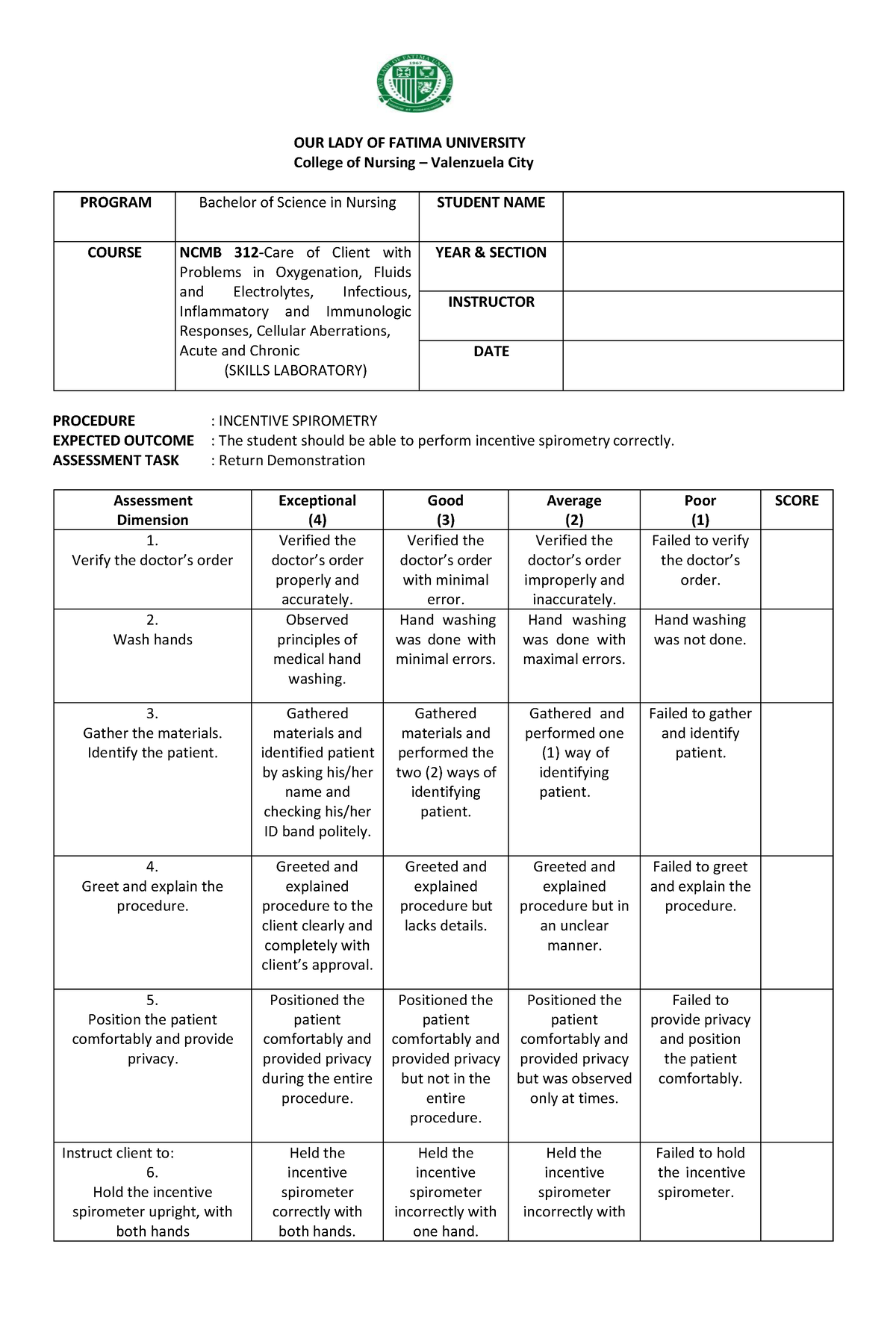 Rubric-Incentive Spirometry - OUR LADY OF FATIMA UNIVERSITY College of ...