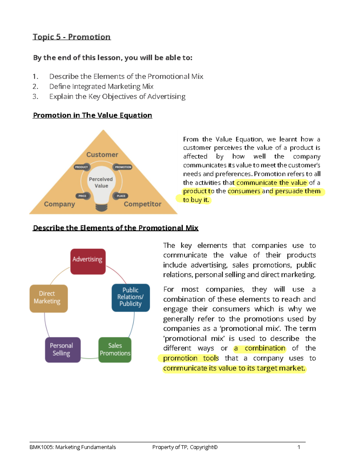 5. Summary Notes - Promotion - Topic 5 - Promotion By the end of this ...