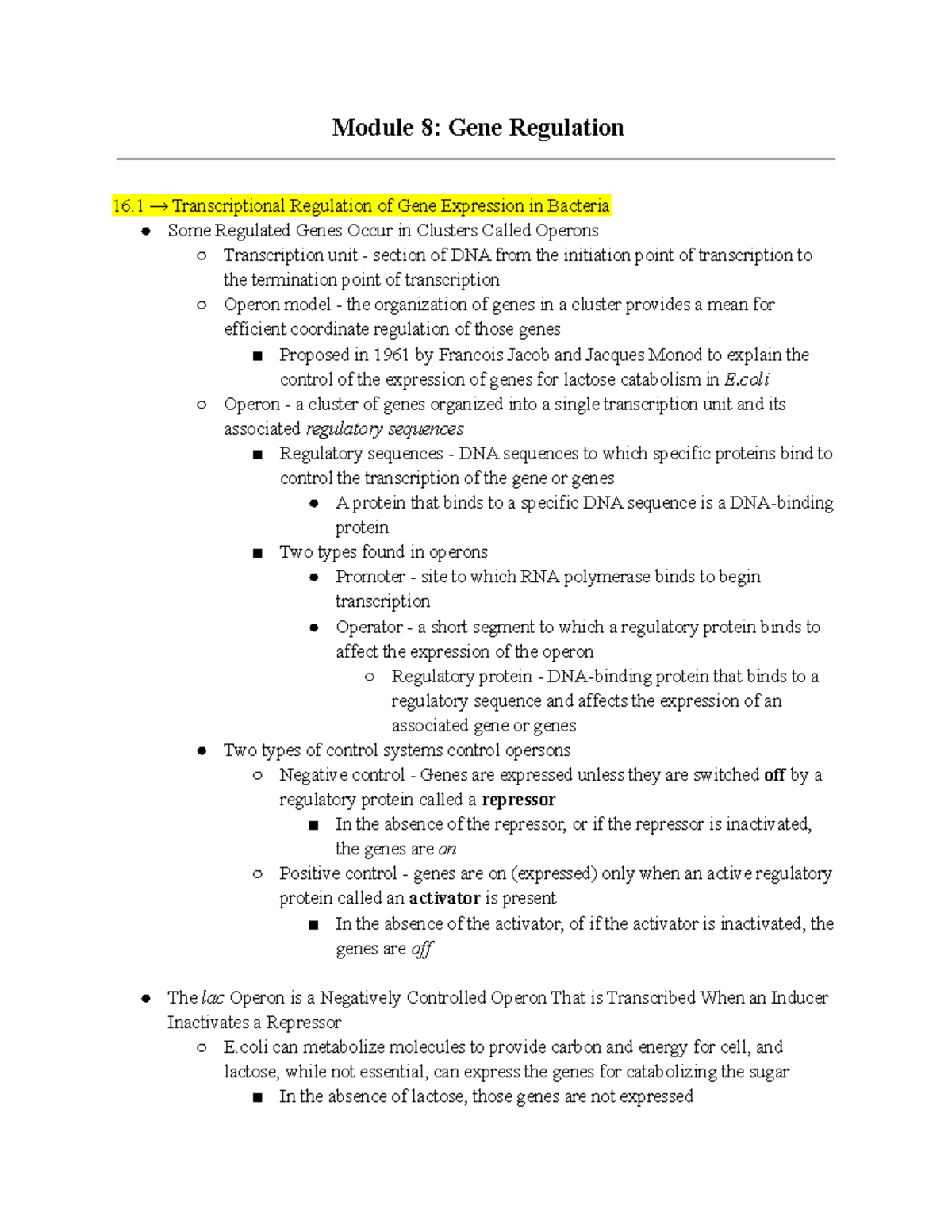 Notes - Module 8: Gene Regulation 16 → Transcriptional Regulation Of ...