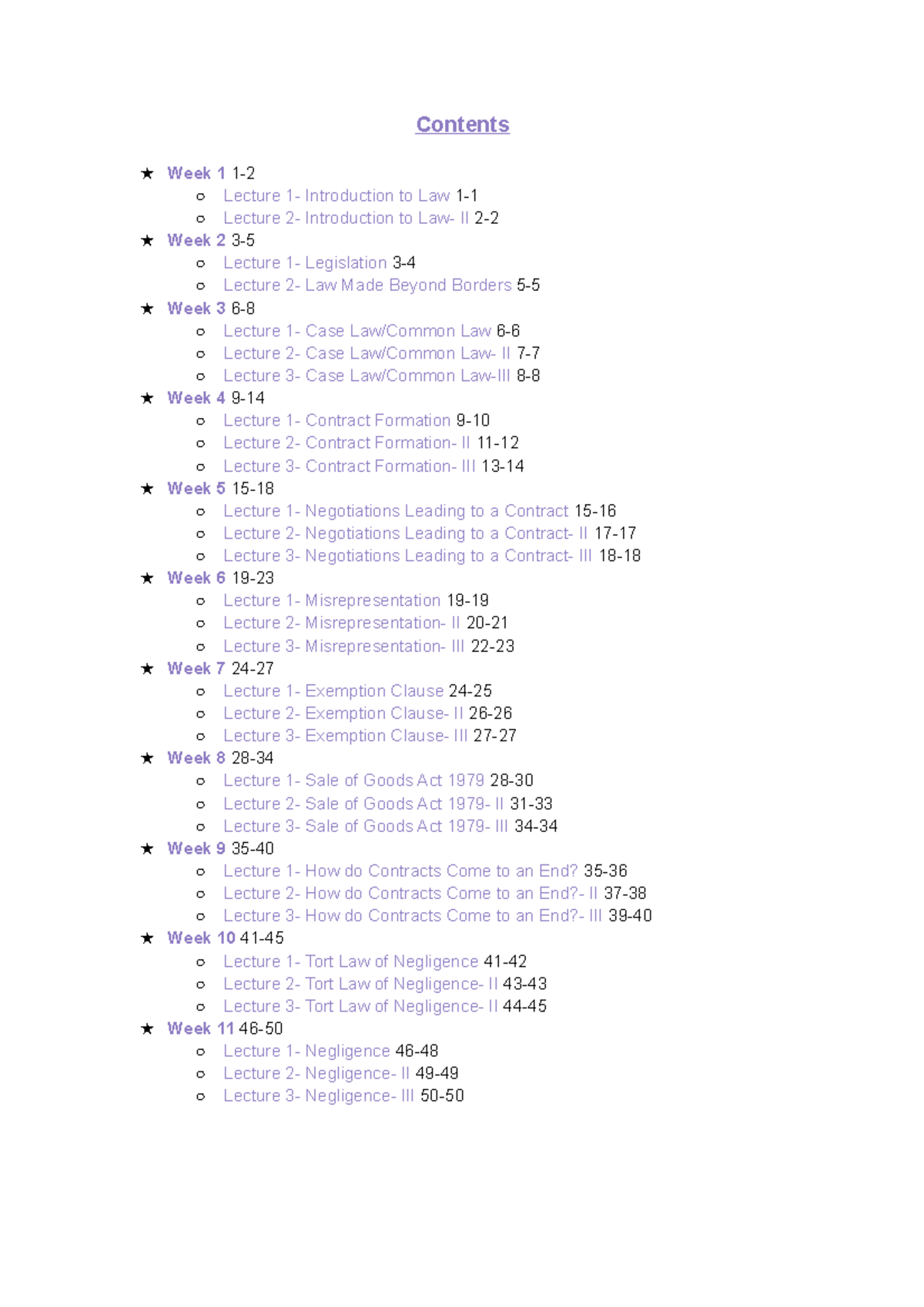 Business Law - Lecture notes 1-11 - Contents ★ Week 1 1- Lecture 1 ...