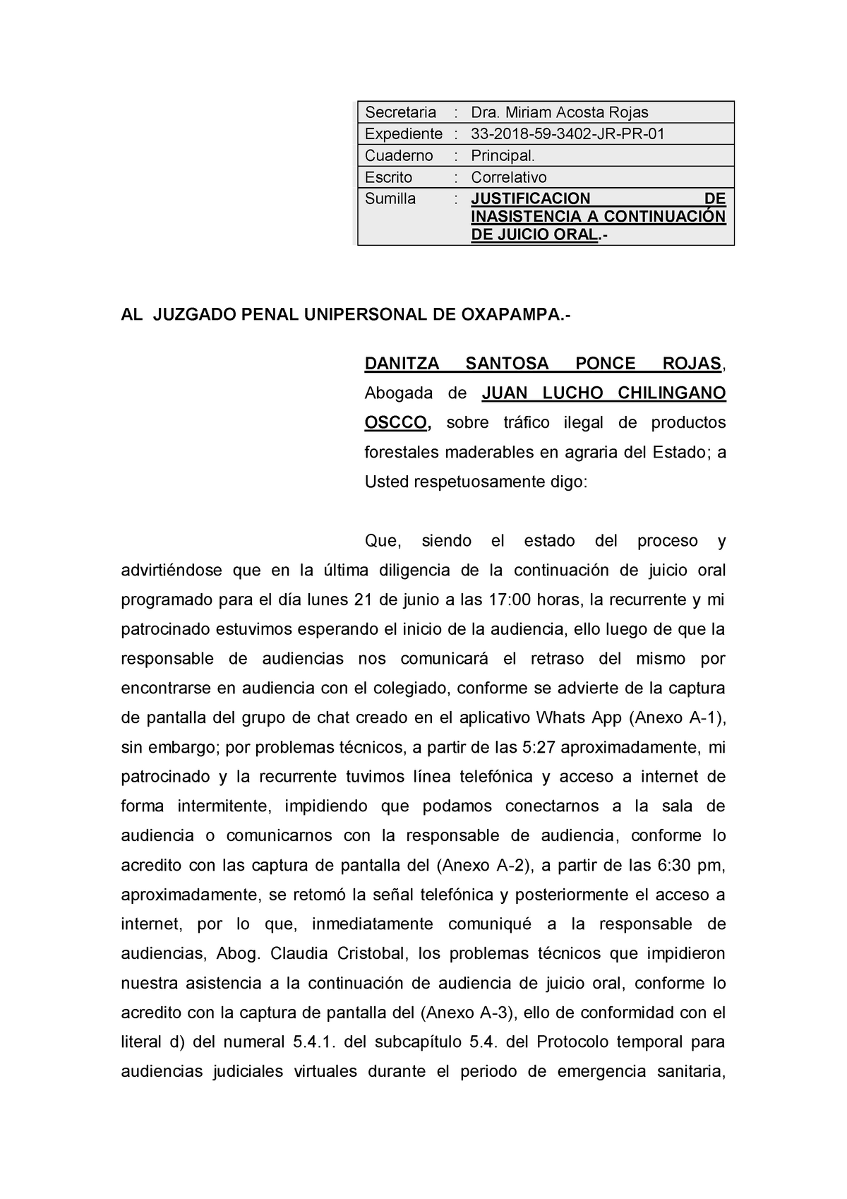 Justificación de inasistencia OXA signed - Secretaria : Dra. Miriam Acosta  Rojas Expediente : 33 - Studocu