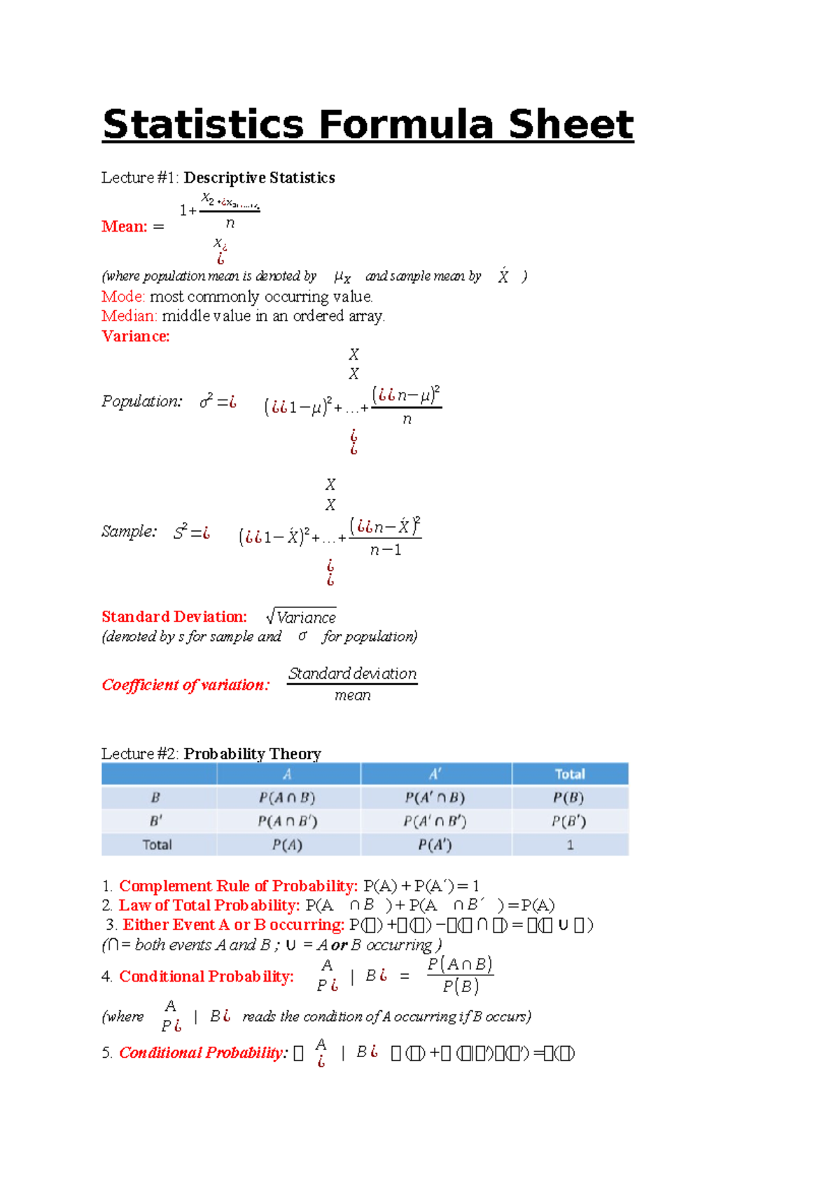 Statistics Formula Sheet - Statistics Formula Sheet Lecture #1 ...