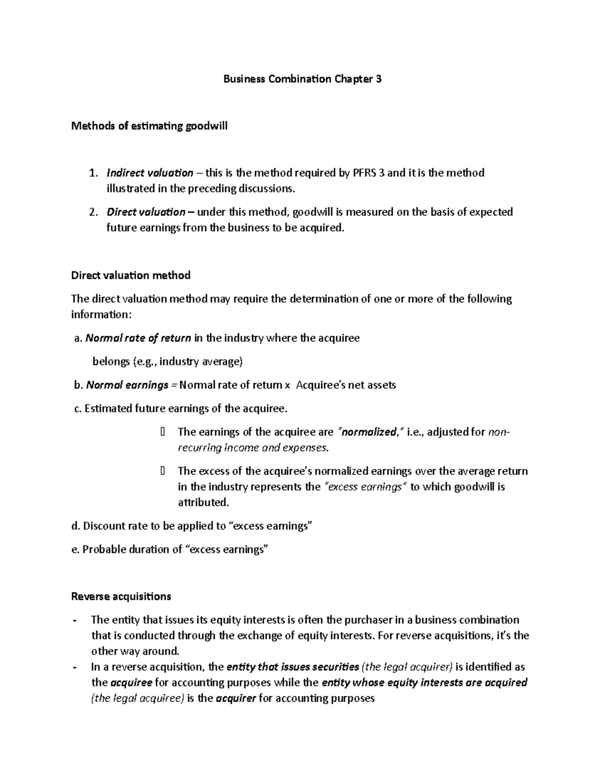 Business Combination Chapter 3 Direct valuation under this method, goodwill is measured on