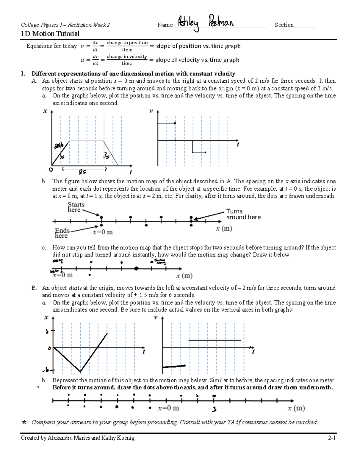 Recitation- 2 - College Physics I – Recitation Week 2 Name Section 1D ...