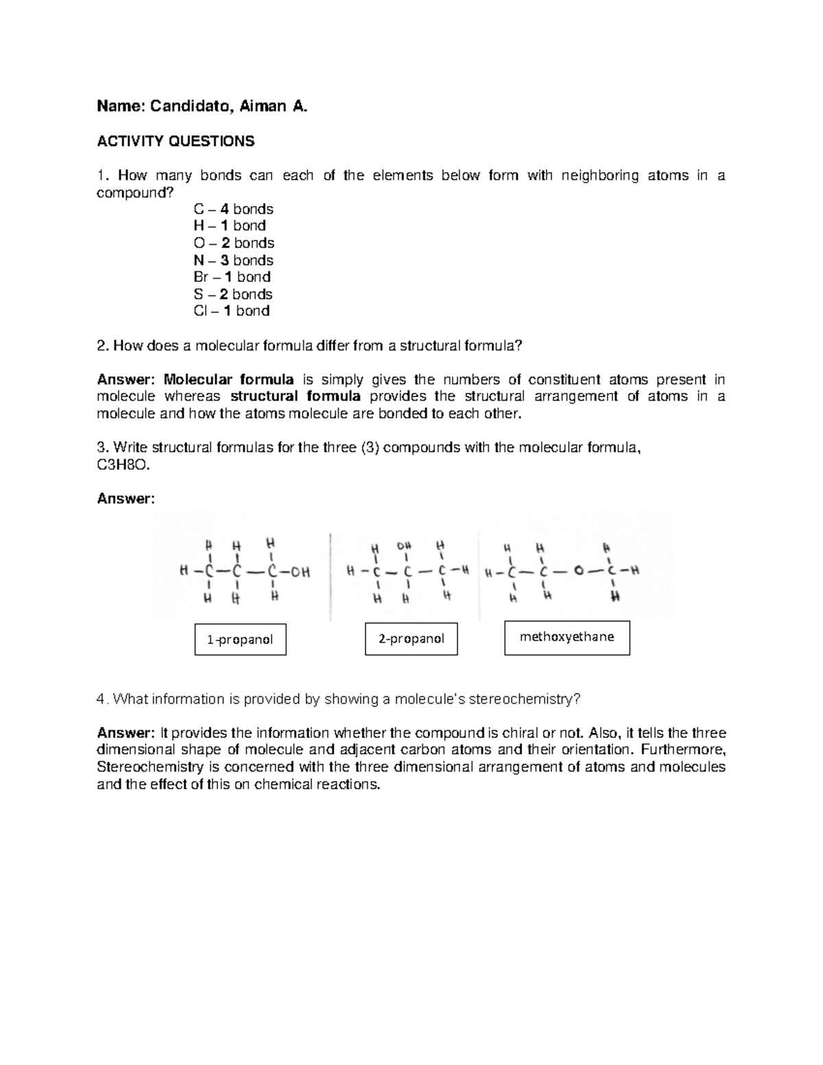 Organic chemistry Laboratory Questions l - Name: Candidato, Aiman A ...