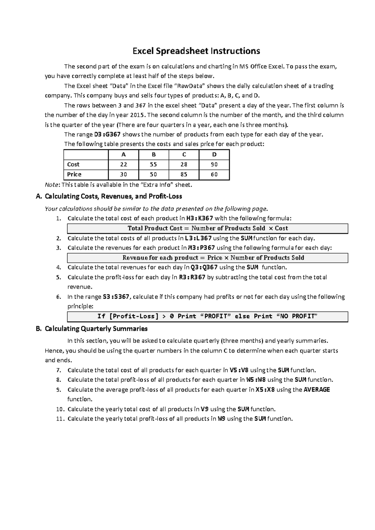Excel Instructions - Question List - Excel Spreadsheet Instructions The ...