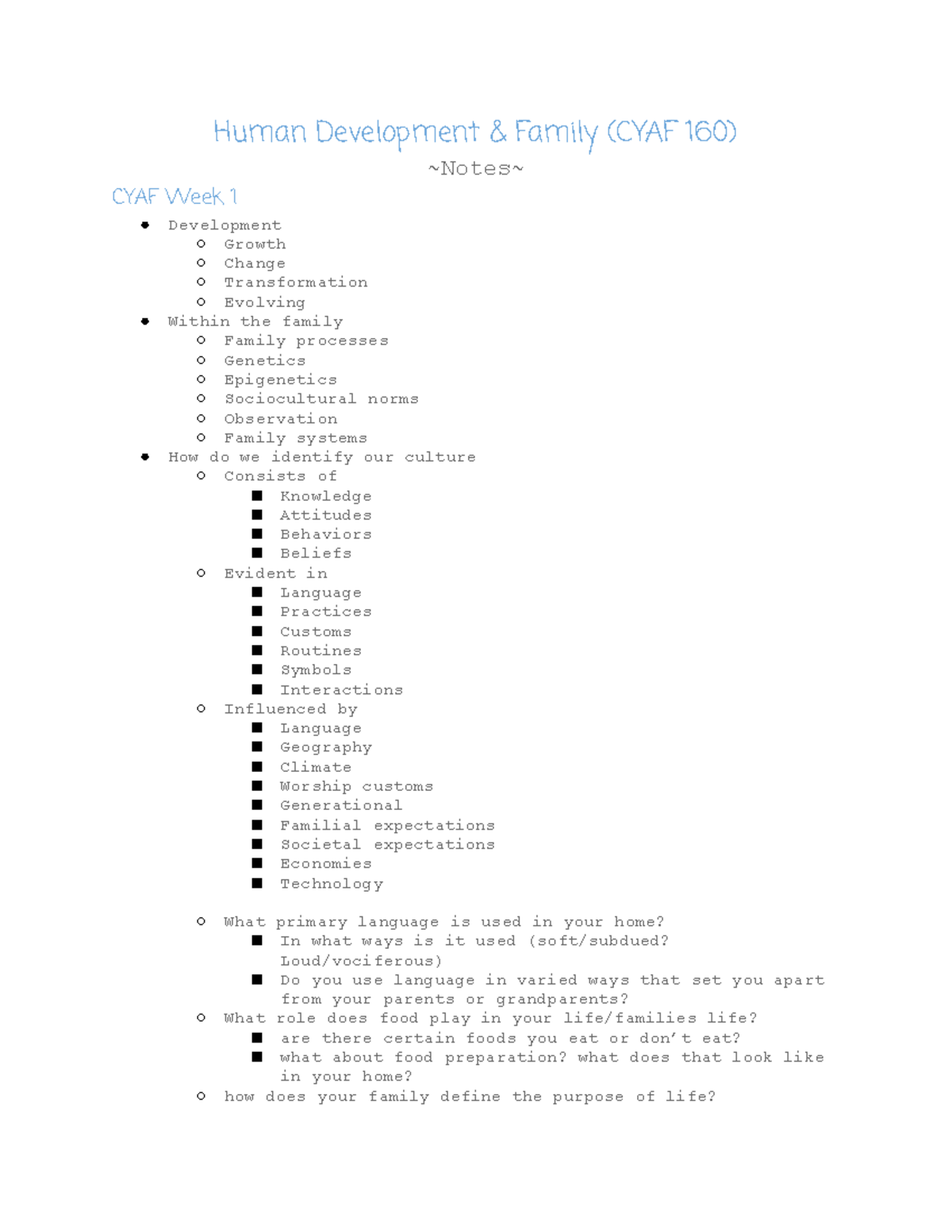 CYAF 160 Notes - Human Development & Family (CYAF 160) Notes CYAF Week ...
