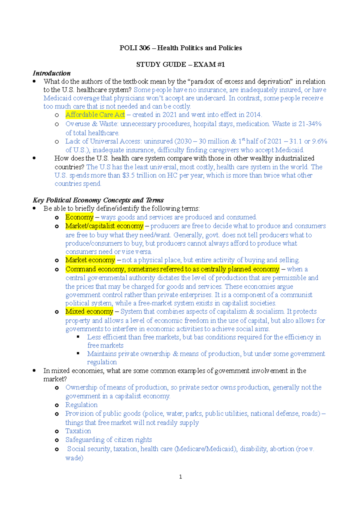 306 Study Guide Exam 1 Spring 2022 - POLI 306 – Health Politics and ...