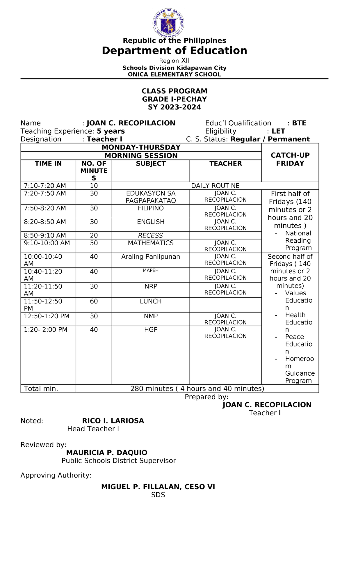 Program- Catch-UP- Friday - Republic of the Philippines Department of ...