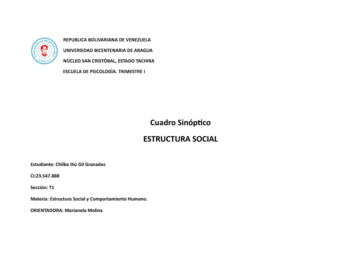 Cuadro Sinoptico Estructura Social Republica Bolivariana De Venezuela Universidad Bicentenaria 0655