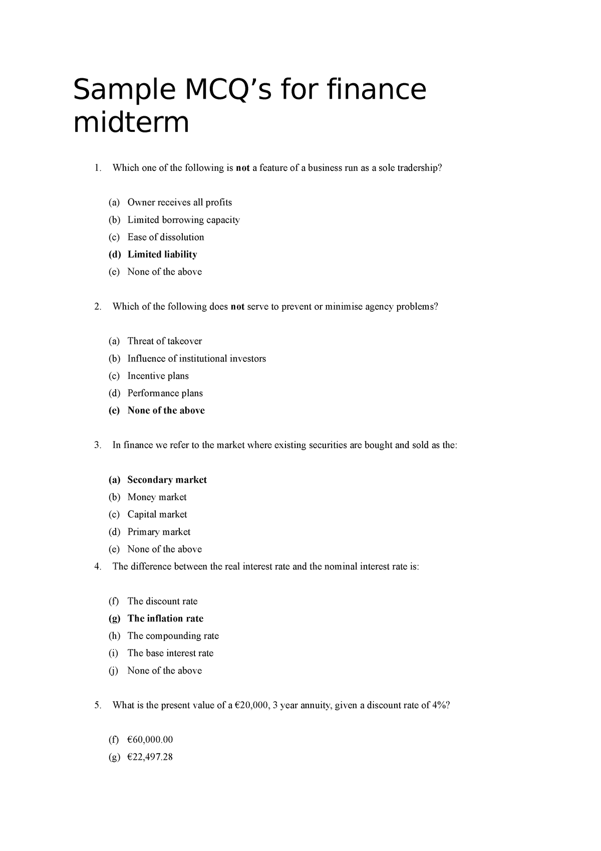 Sample Mcqs For Finance - Sample MCQ’s For Finance Midterm 1. Which One ...