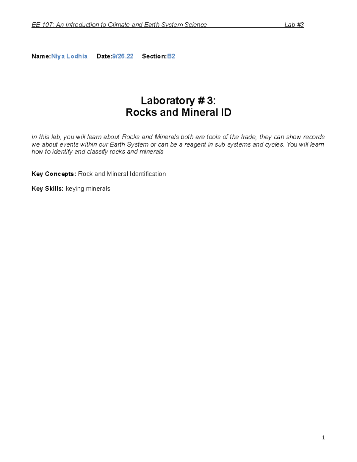 EE107 Lab 3 Rock and Mineral ID S - Name:Niya Lodhia Date:9/26 Section ...