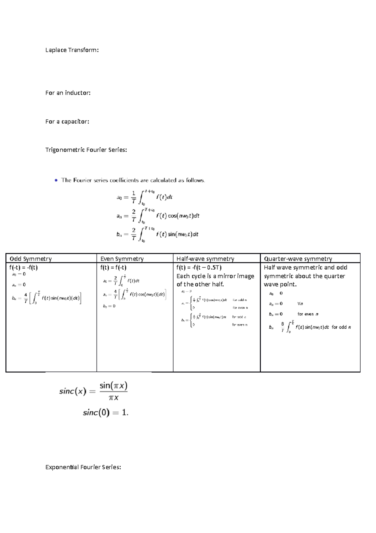 Memorise Notes Laplace Transform For an inductor For a capacitor