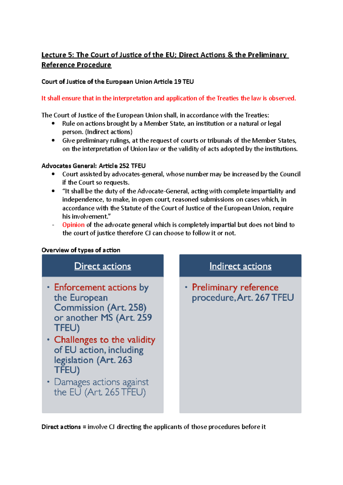 Lecture 5 and 6 EU - Lecture 5: The Court of Justice of the EU; Direct ...