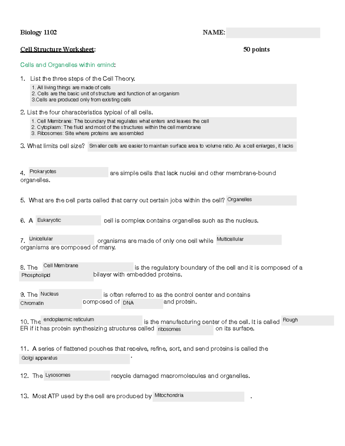 Celll_Structure_Worksheet Biology 1102 NAME Cell Structure Worksheet