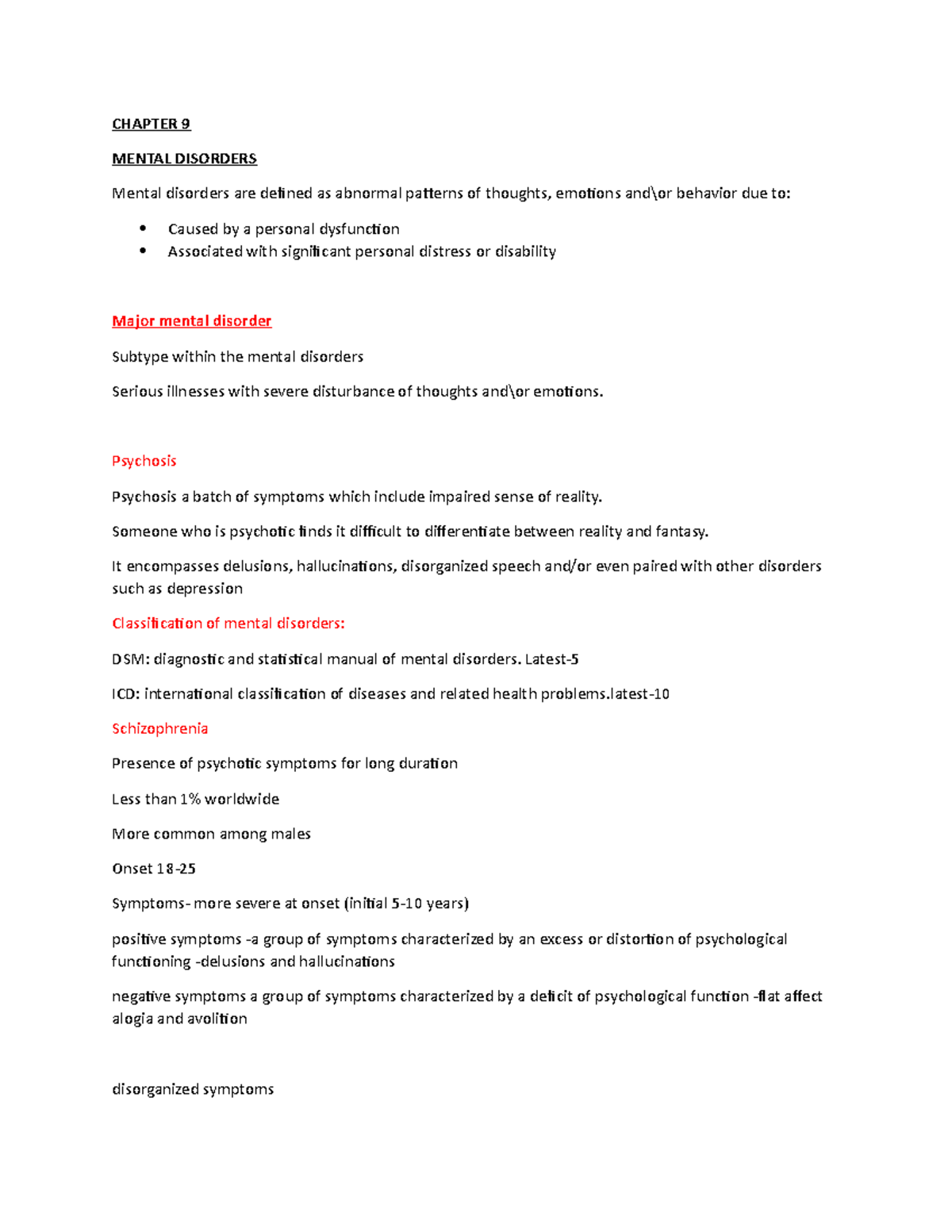 Chapter 9 - Lecture notes 9 - CHAPTER 9 MENTAL DISORDERS Mental ...
