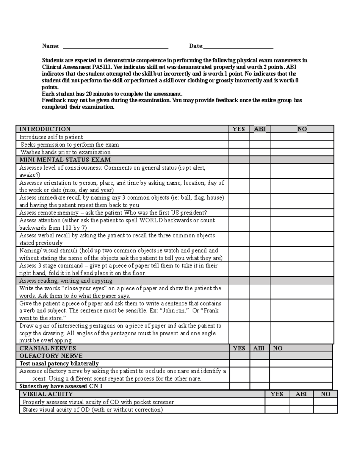 Neuro Exam - Skills Checklist, need 75% to pass - Name : Date ...