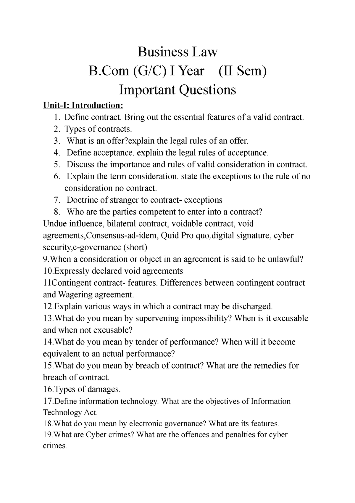 Business Law 1yr - Imp - Business Law B (G/C) I Year (II Sem) Important ...