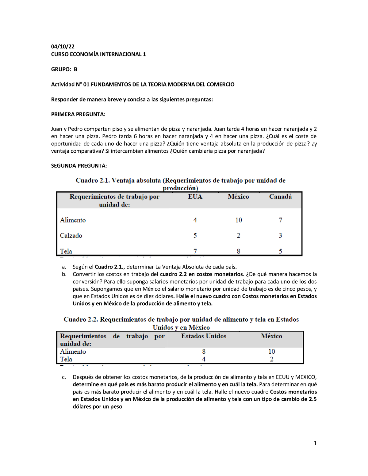 Actividad N° 01 Economia Internacional 1 Grupo B Semestre 2022-B - 1 04 ...