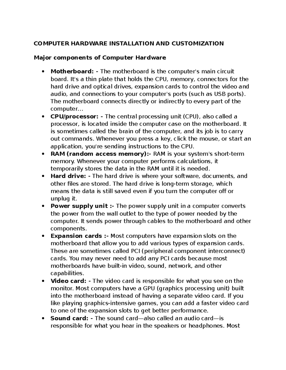 Computer Hardware installation - COMPUTER HARDWARE INSTALLATION AND ...