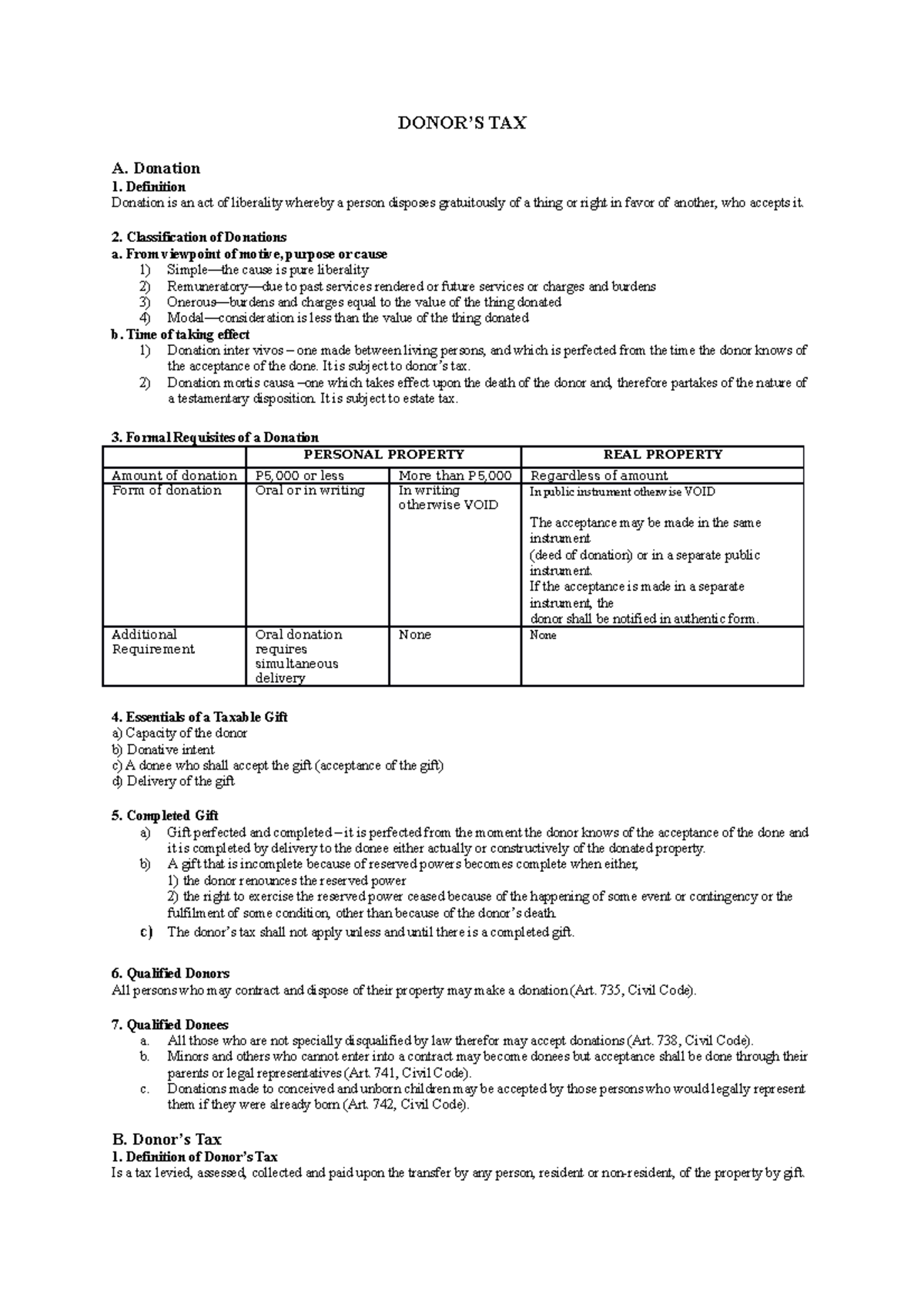 Donor'S TAX - Donor's Tax Notes - DONOR’S TAX A. Donation 1. Definition ...