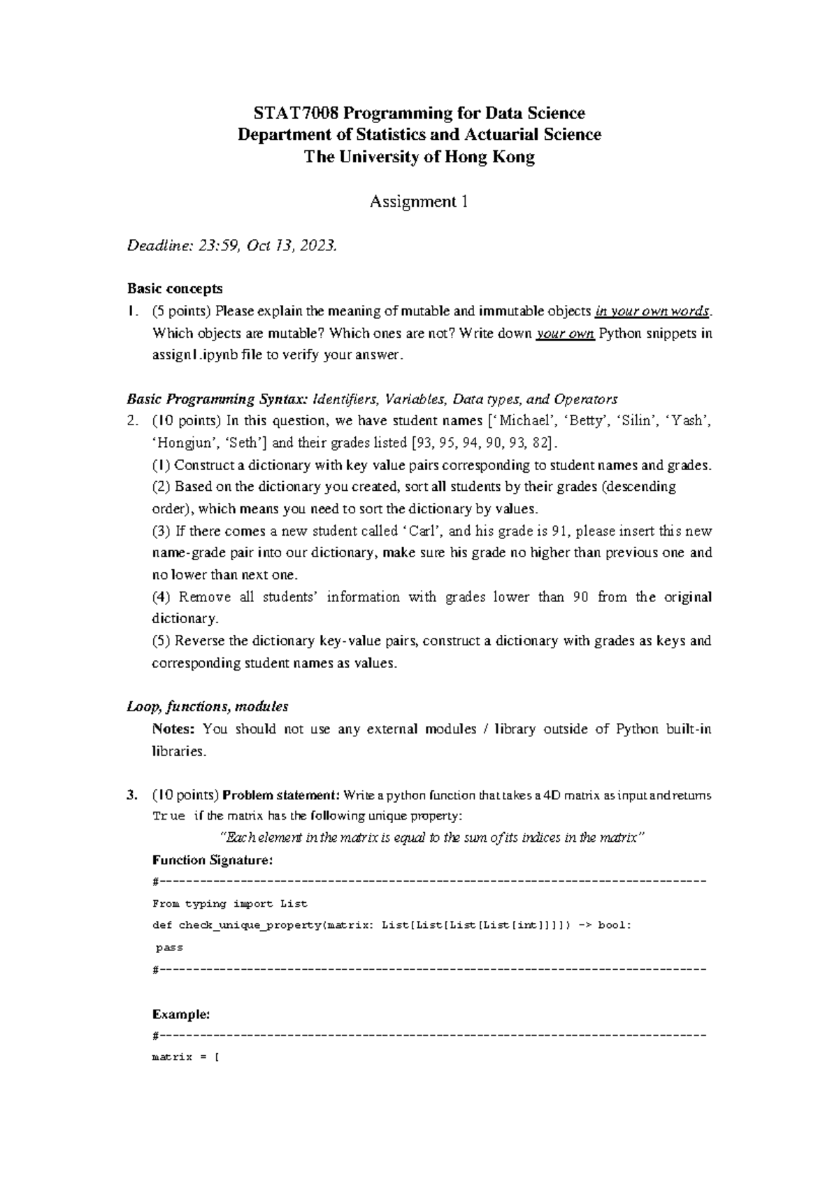 A1 - First assignment - STAT7008 Programming for Data Science ...