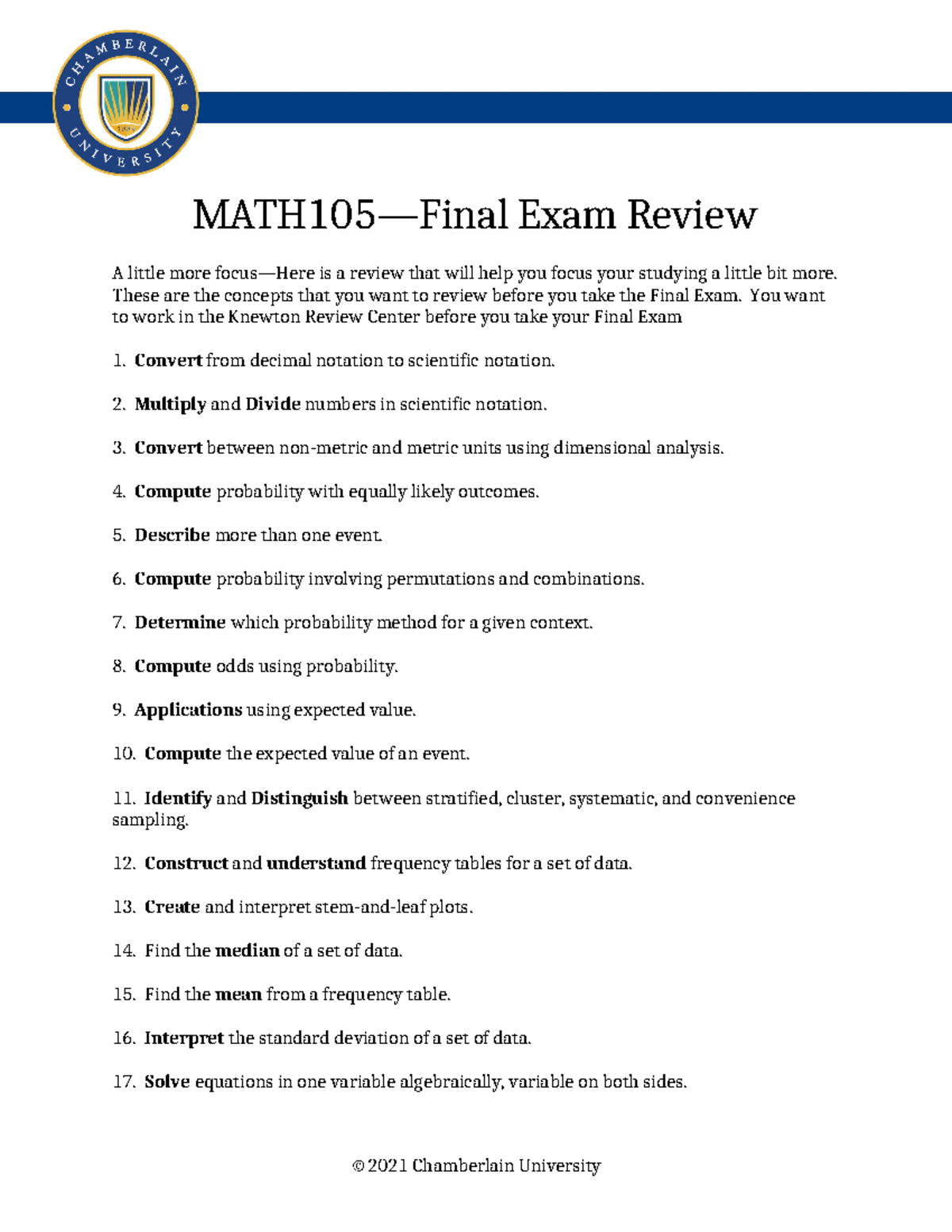 MATH105 Final Exam Objectives - MATH105—Final Exam Review A little more ...