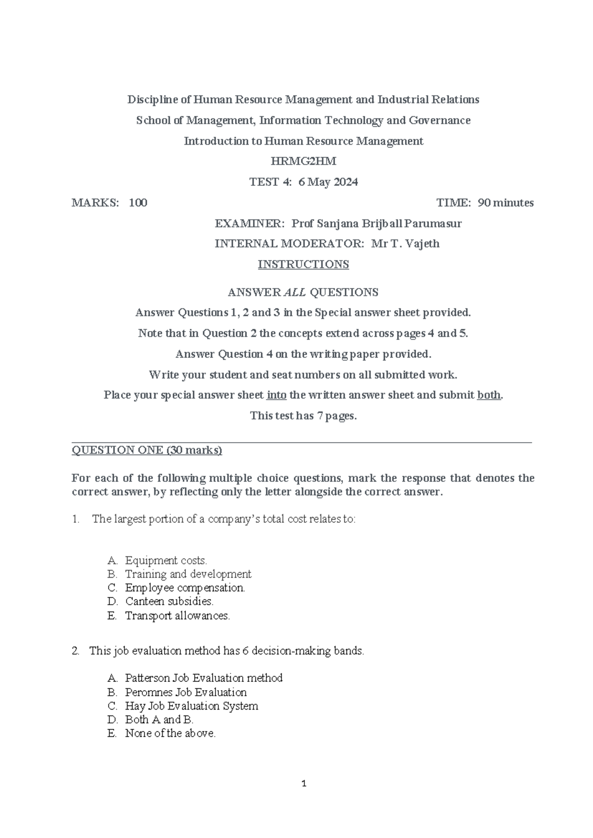 HRMG2HM TEST 4 2024 - helpful - Discipline of Human Resource Management ...