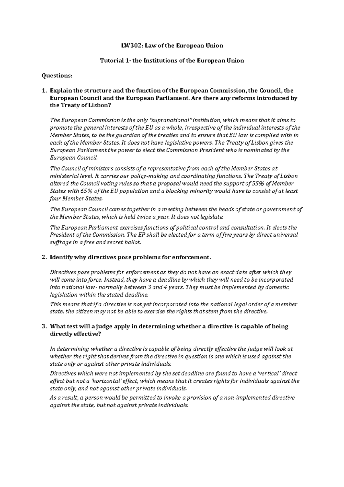 Tutorial 1 - really good lecture notes - LW302: Law of the European ...