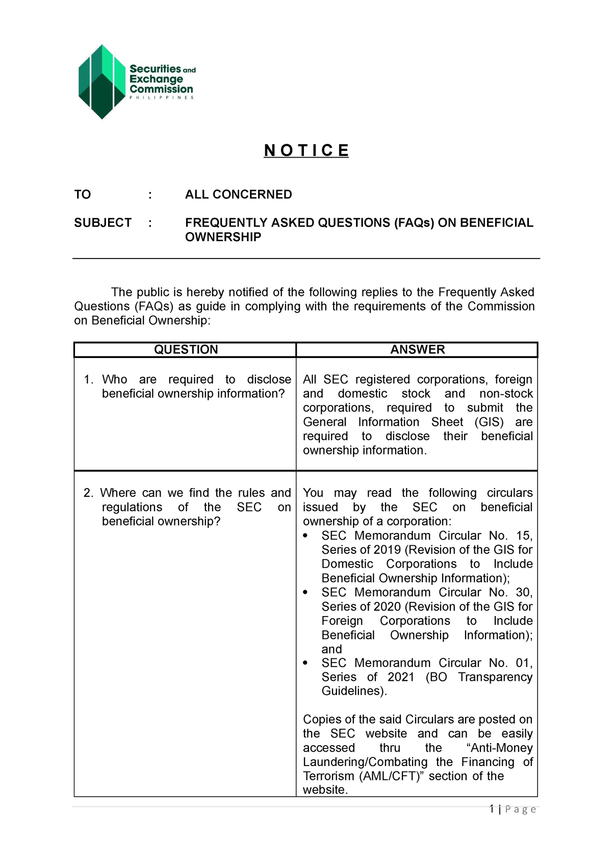 2021FAQs Beneficial-Ownership - N O T I C E TO:ALL CONCERNED SUBJECT ...