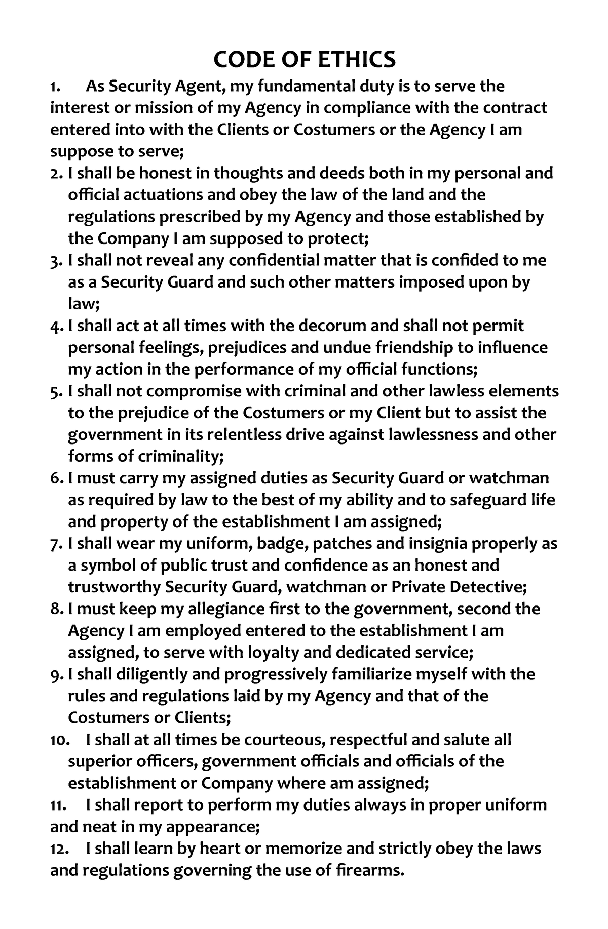 CODE OF Ethics CODE OF ETHICS As Security Agent My Fundamental Duty 