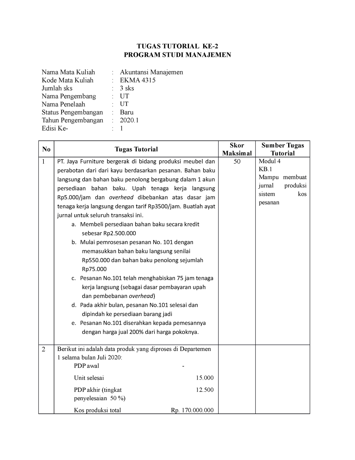 Tugas 2 - TUGAS TUTORIAL KE- 2 PROGRAM STUDI MANAJEMEN Nama Mata Kuliah ...