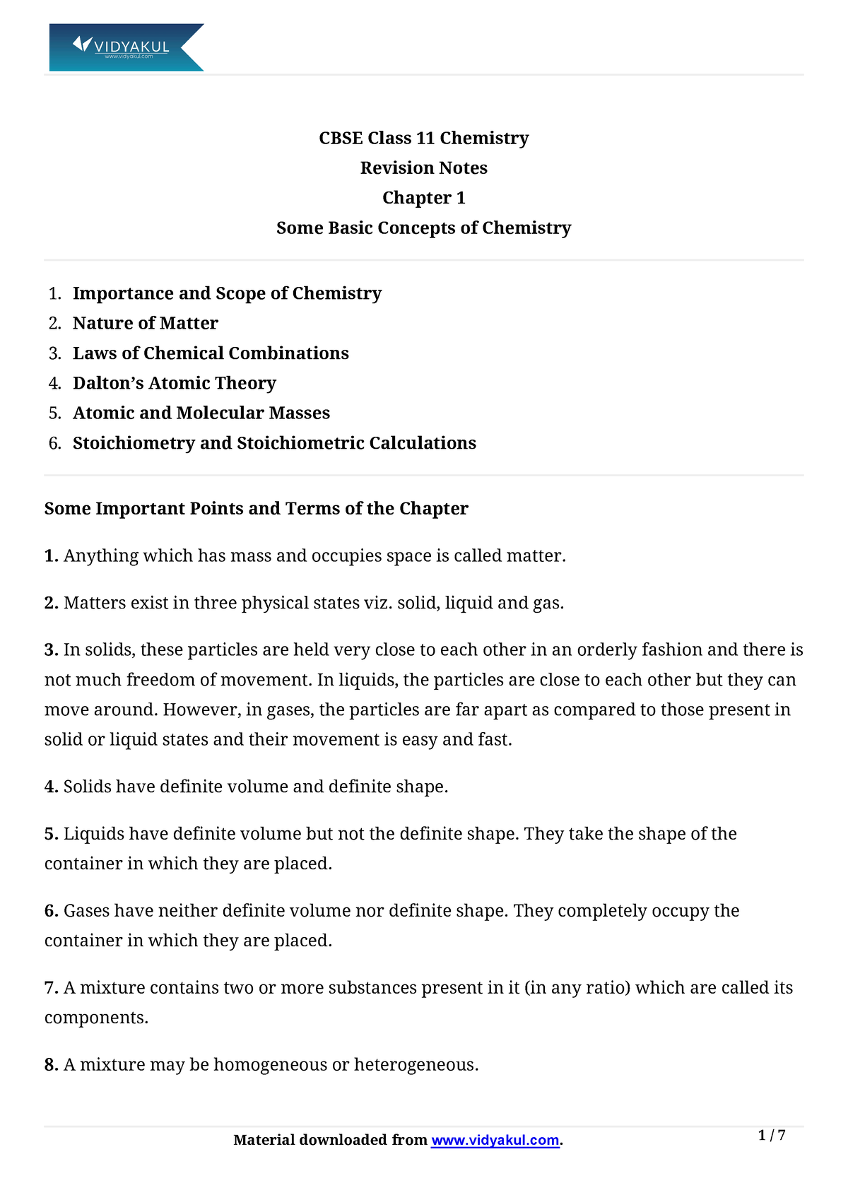 Chem Ch1 Cbse Class 11 Chemistry Revision Notes Chapter 1 Some Basic Concepts Of Chemistry