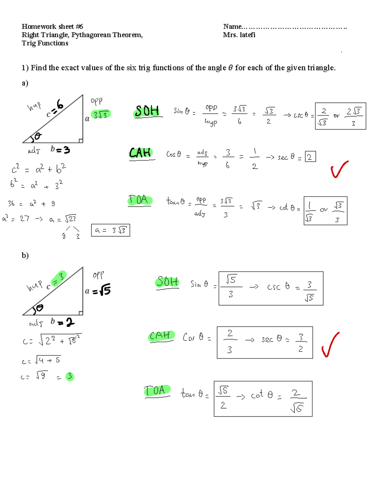 homework 6 trigonometry review answer key