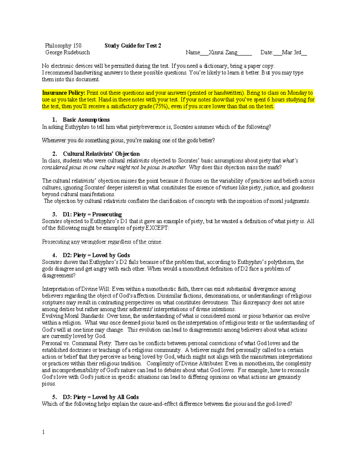 Study Guide S24 Test 2 - Philosophy 150 Study Guide for Test 2 George ...
