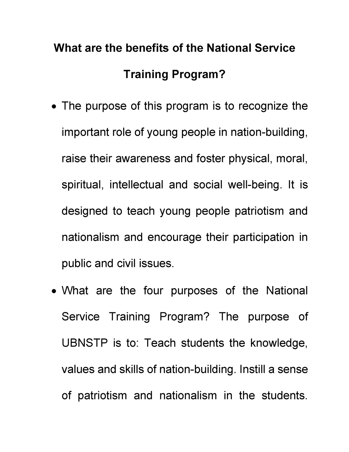What Are The Benefits Of The National Service Training Program What 