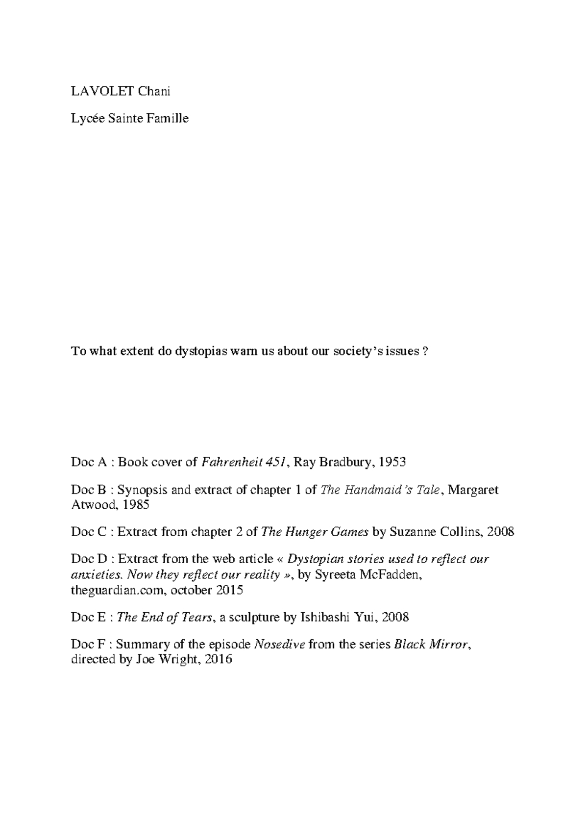 Dossier LLCER Anglais dystopies LAVOLET Chani Lycée Sainte Famille To