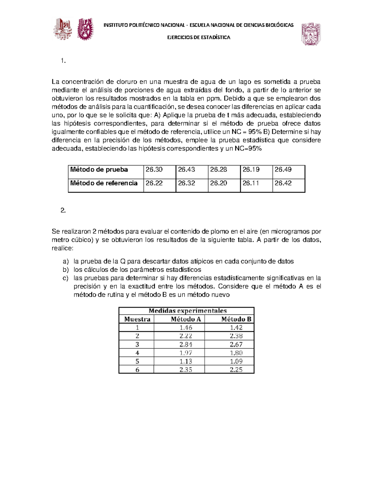 Ejercicios Estadistica 1 - INSTITUTO POLITÉCNICO NACIONAL - ESCUELA ...