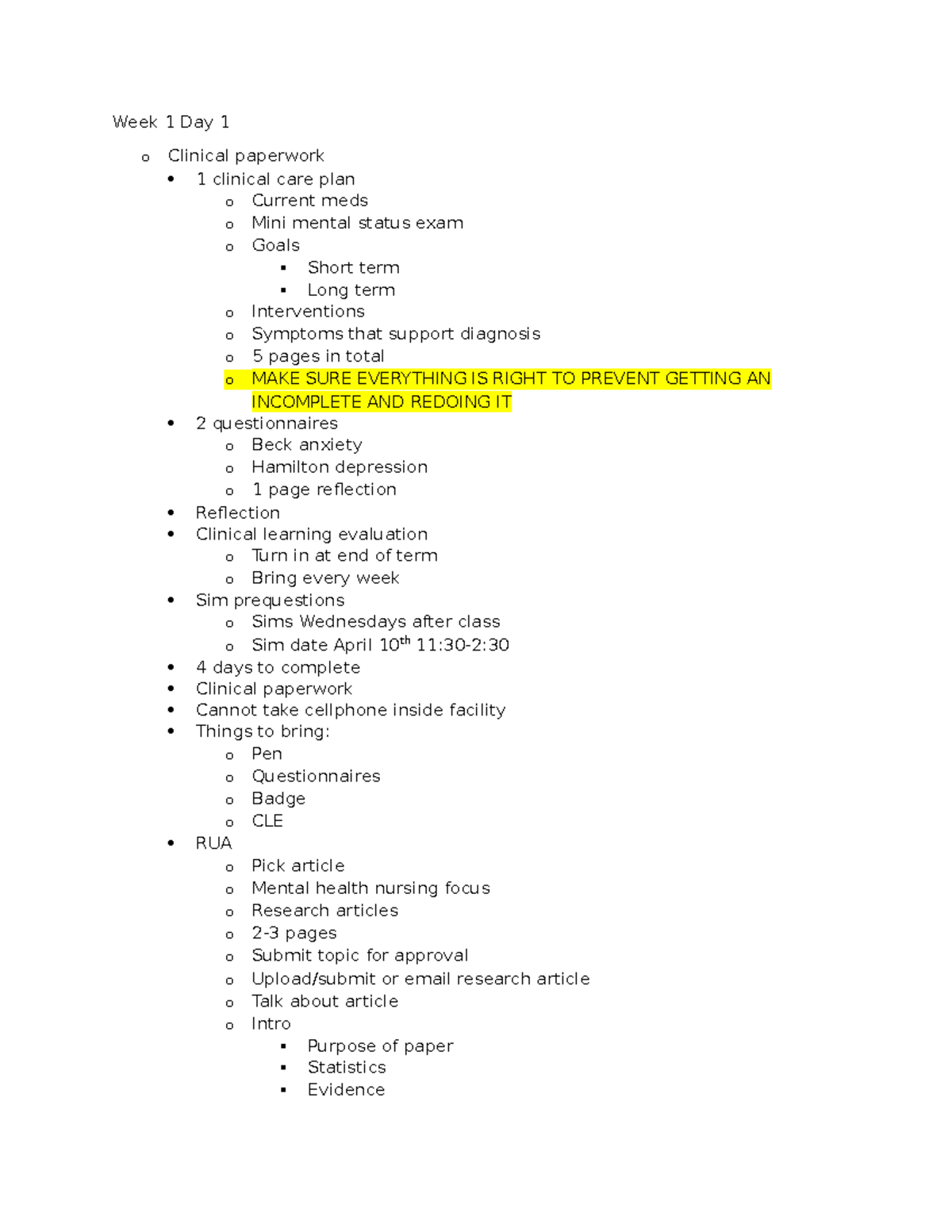 Week 1 Day 1 NR326 - In-class Notes - Week 1 Day 1 O Clinical Paperwork ...