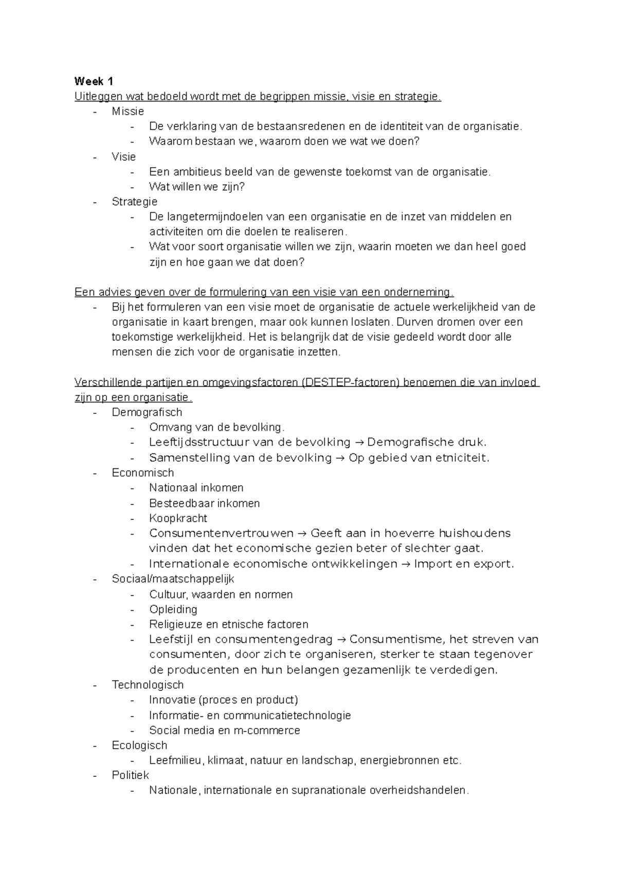 Leerdoelen Management & Organisatie P4 - Week 1 Uitleggen wat bedoeld ...