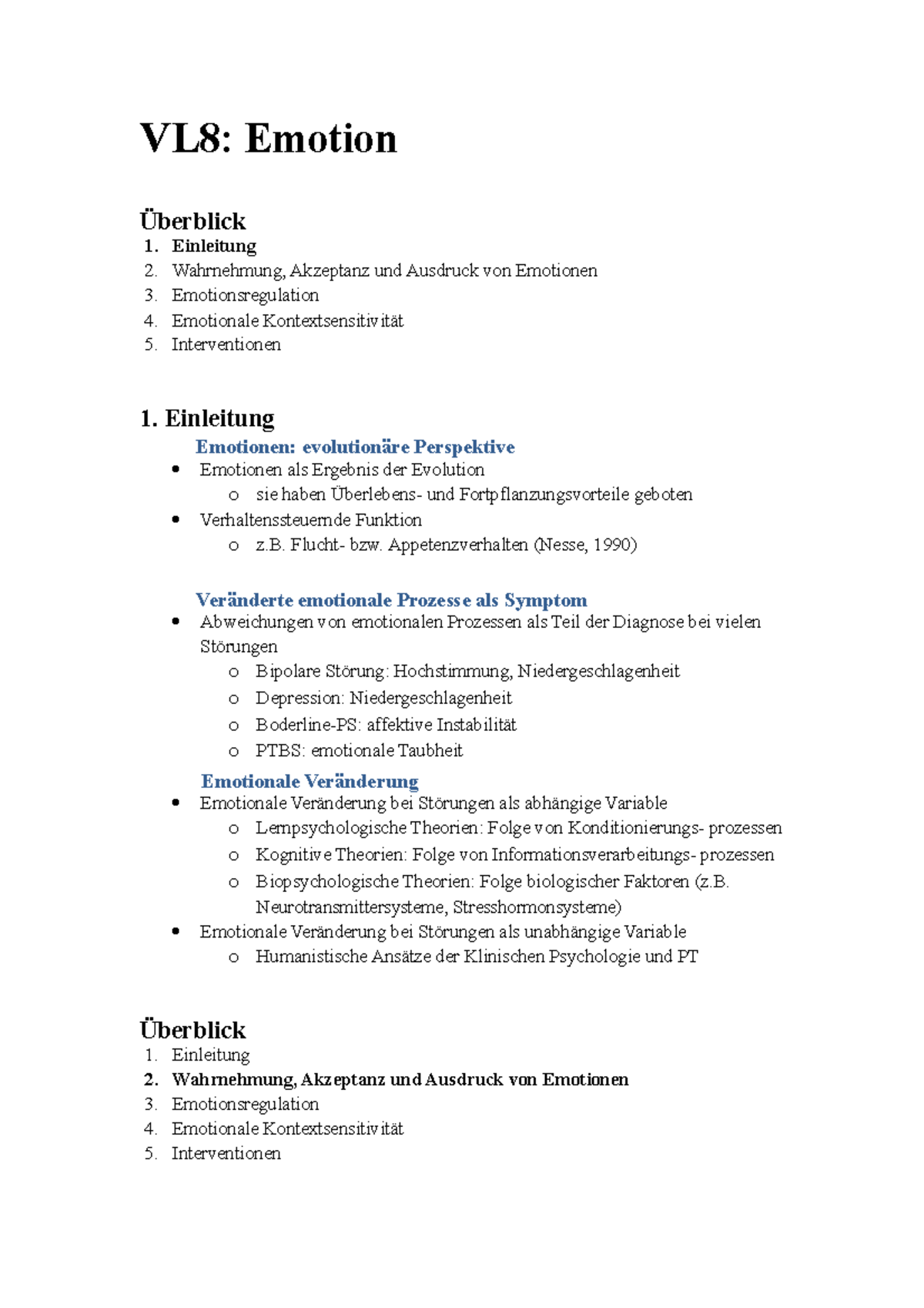 Klinische VL8 - Mitschriften zu Vorlesung 8 - VL8: Emotion 唃ࠀberblick ...